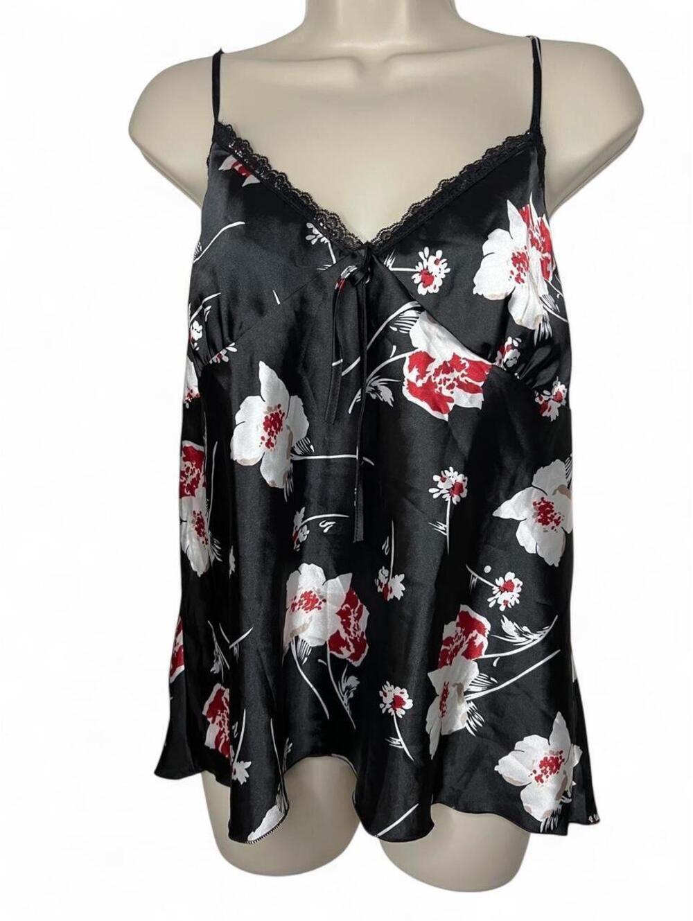 Floral Satin Cami Top Womens Large Black White Lace Trim Sleeveless Tank Shirt